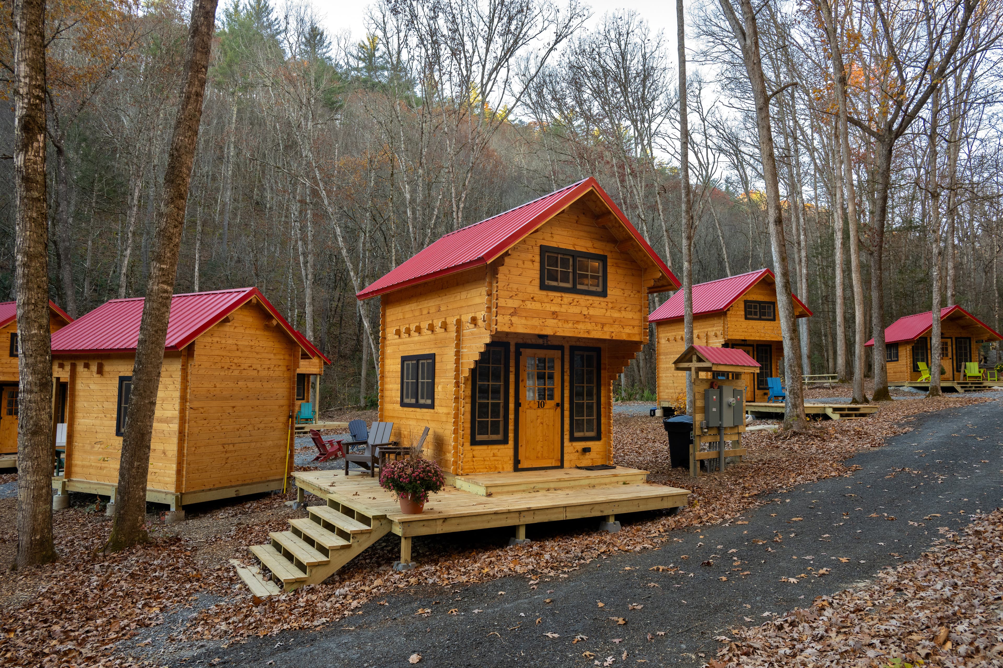 A cluster of wooden cabins with red roofs set among autumn trees.
